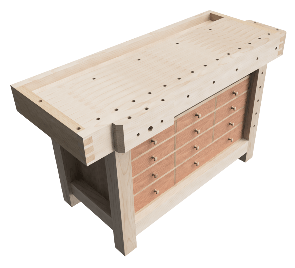 Design of my woodworking workbench top and base, with hand-tool storage drawers.