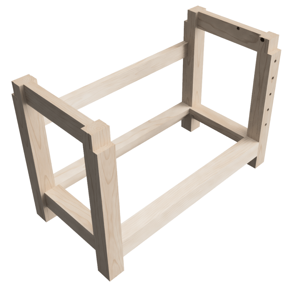 Design of my woodworking workbench base with rear stretcher for additional racking prevention